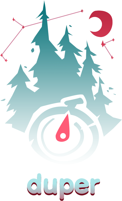 Duper Logo A moon illuminated forest with a compass